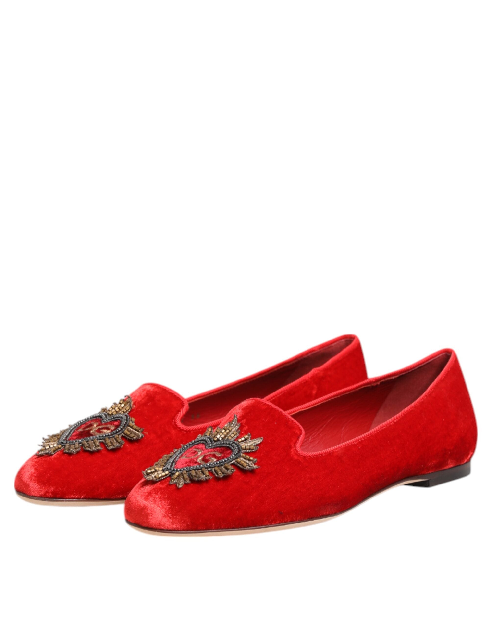 Dolce & Gabbana Red Velvet DG Heart Loafers Flats Shoes