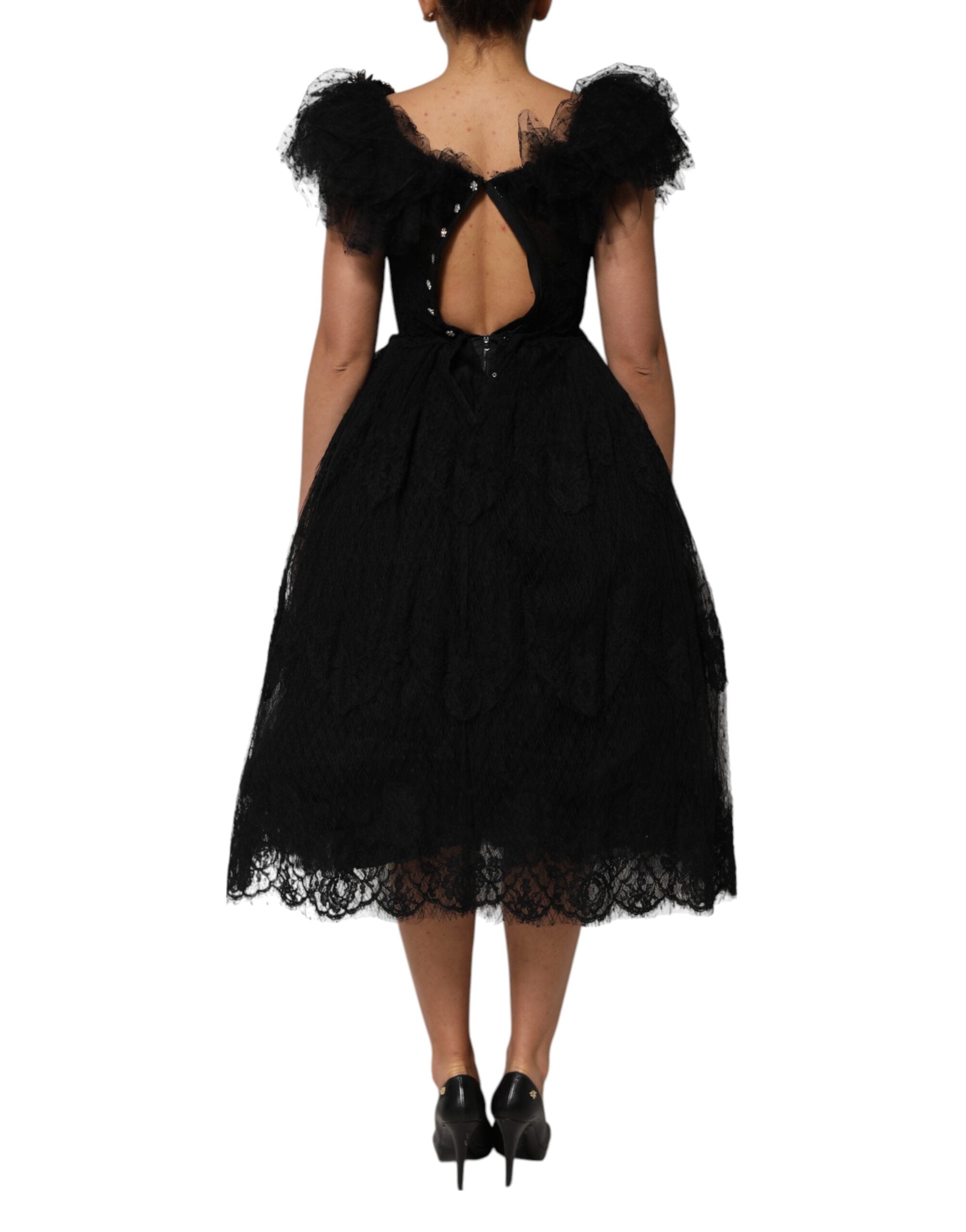 Dolce & Gabbana Black Crystal Embellished Midi A-line Dress