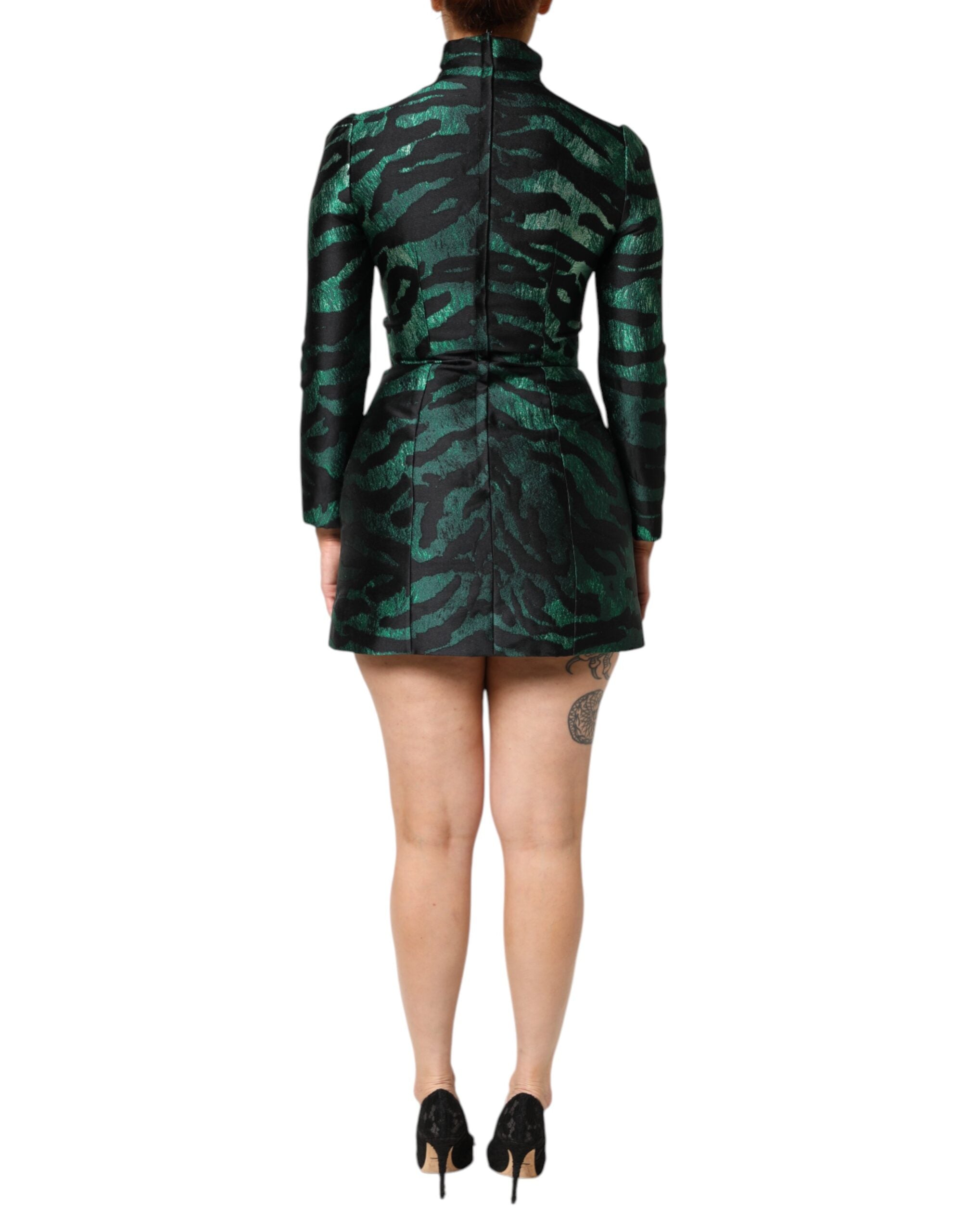 Dolce & Gabbana Black Green Metallic Jacquard Mini Long Dress