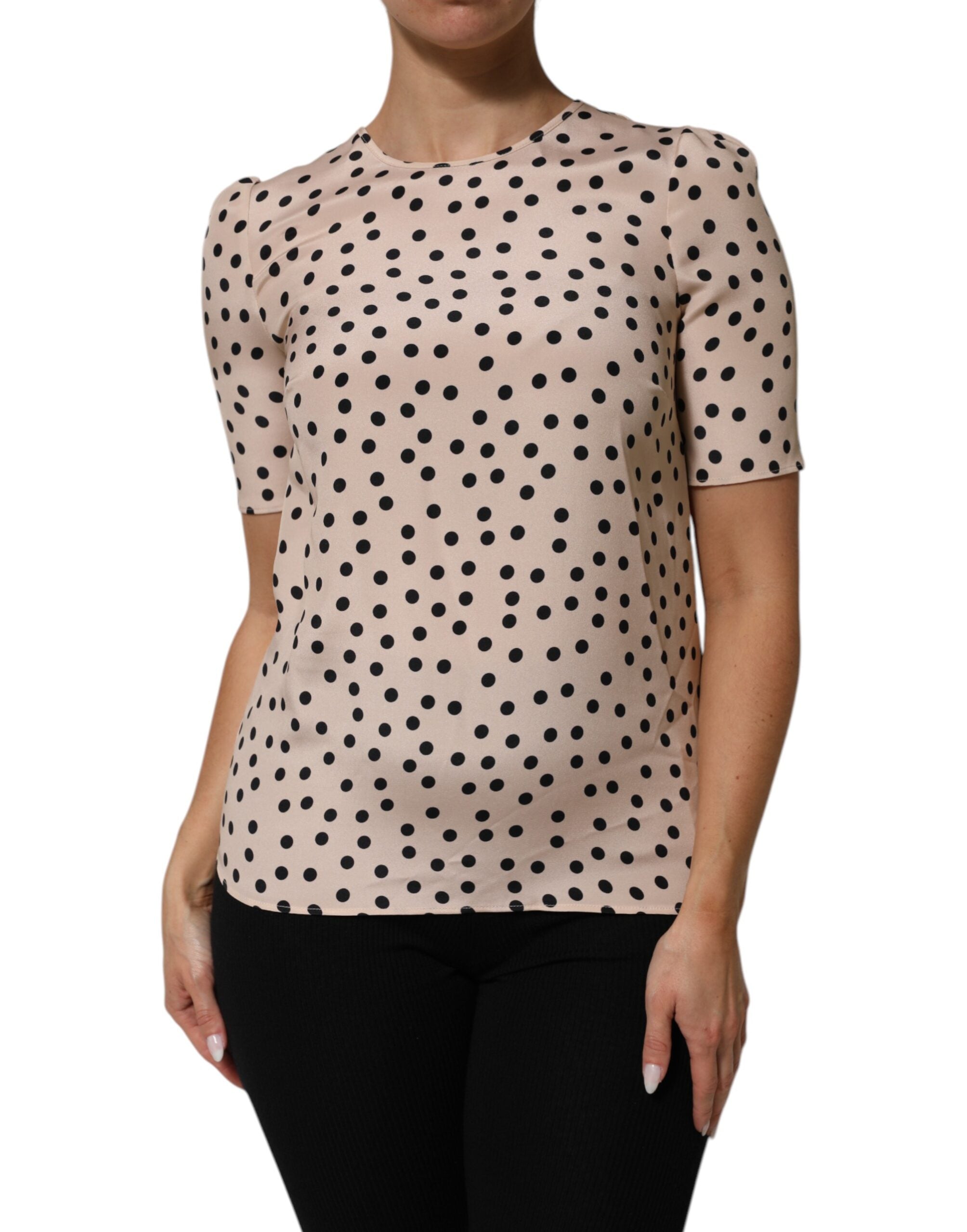 Dolce & Gabbana Beige Black Polka Dot Silk Short Sleeve Blouse Top