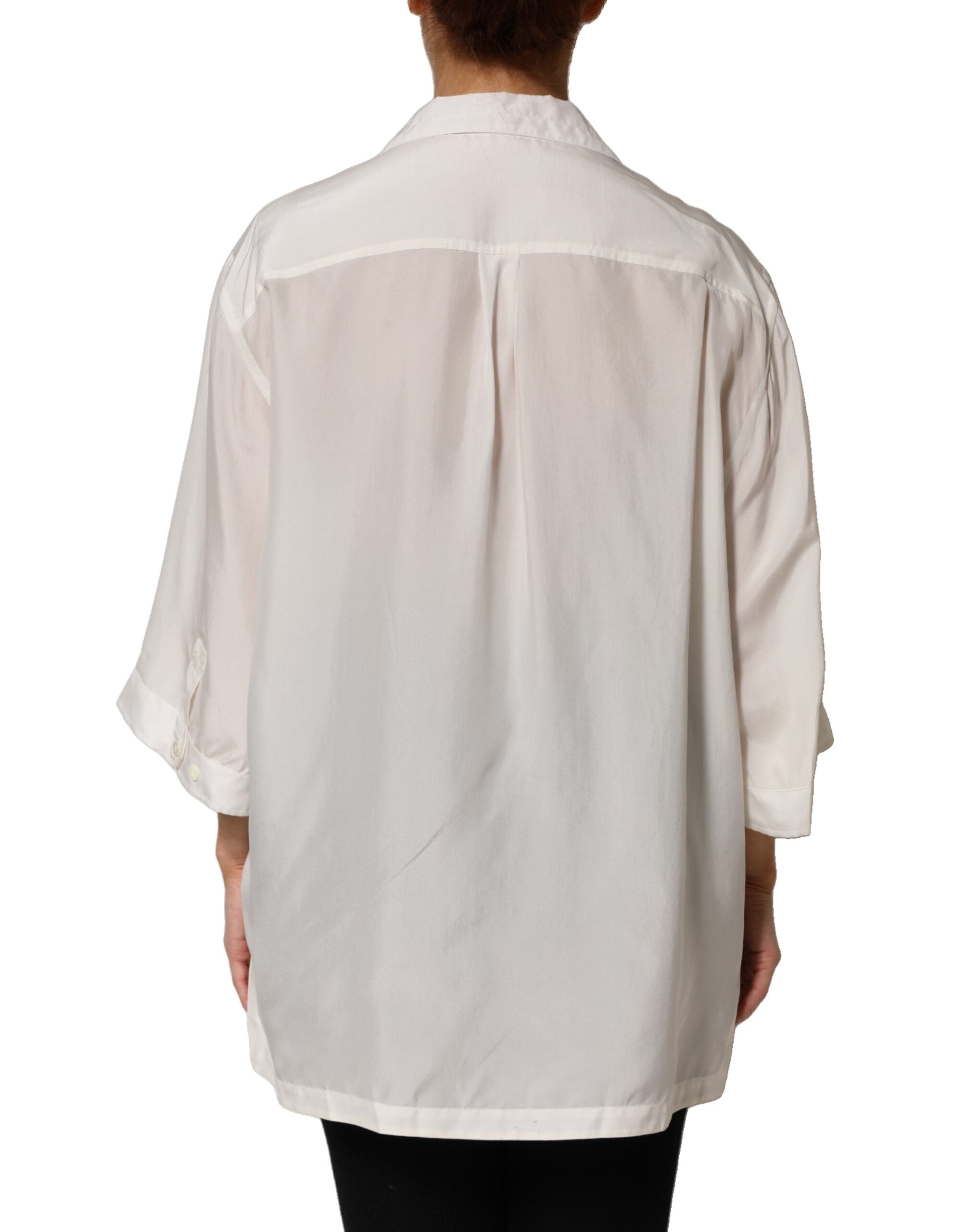 Dolce & Gabbana White Silk Collared 3/4 Sleeves Blouse Top