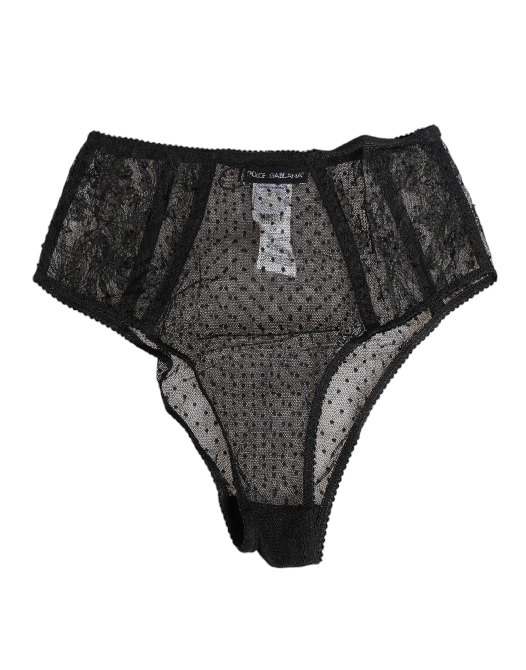 Dolce & Gabbana Black Lace Polka Dot Mesh High Waist Underwear