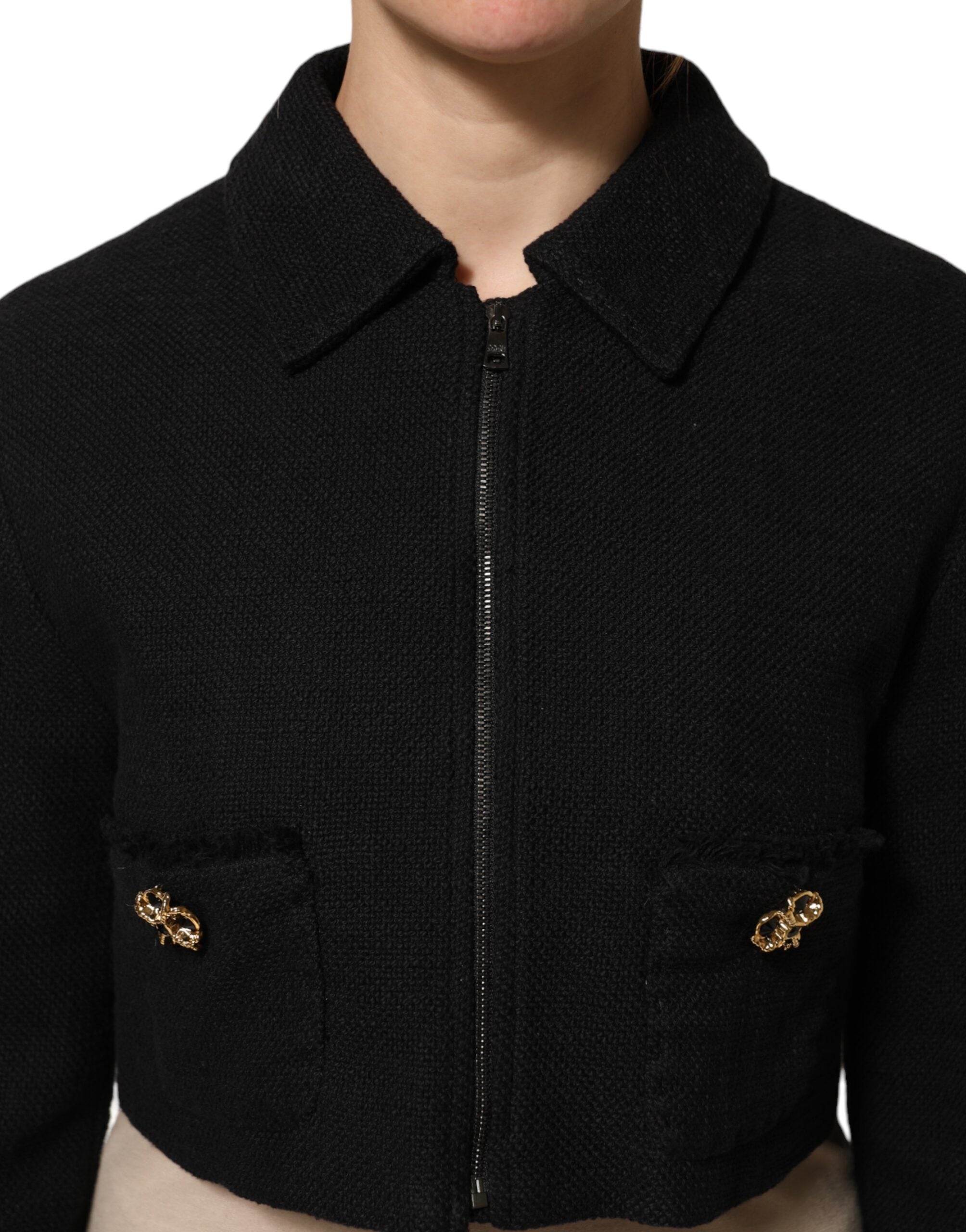 Dolce & Gabbana Black Cotton Full Zip Cropped Coat Jacket