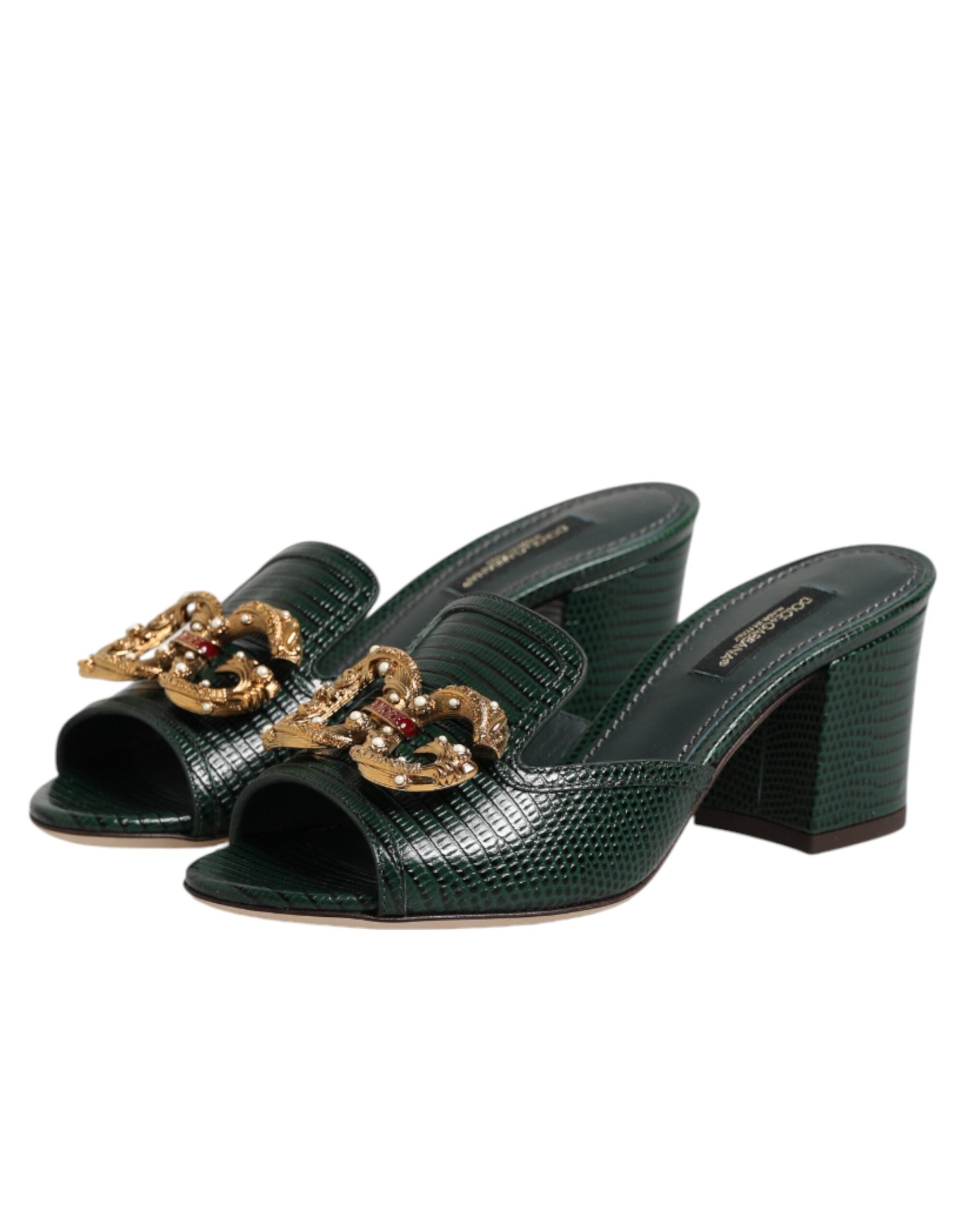 Dolce & Gabbana Green DG Amore Heel Slides Sandals Shoes
