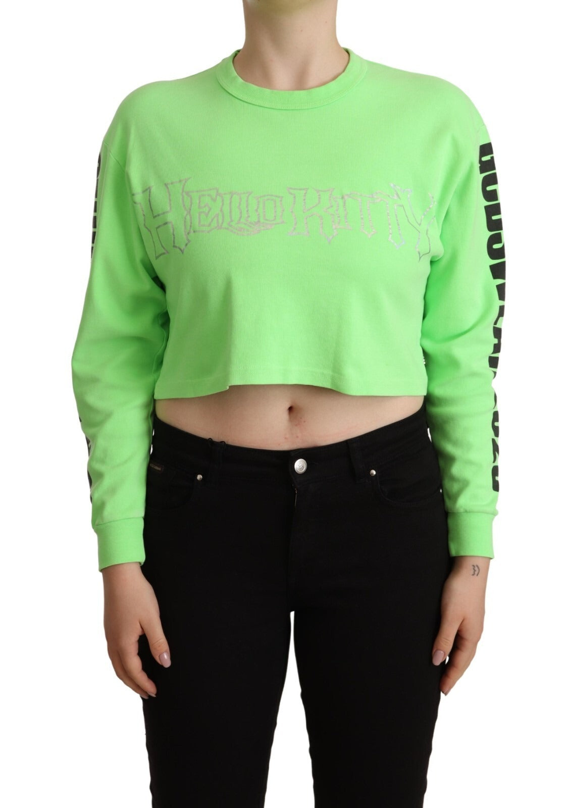 GCDS Mint Green Printed Long Sleeves Cropped Top Sweater