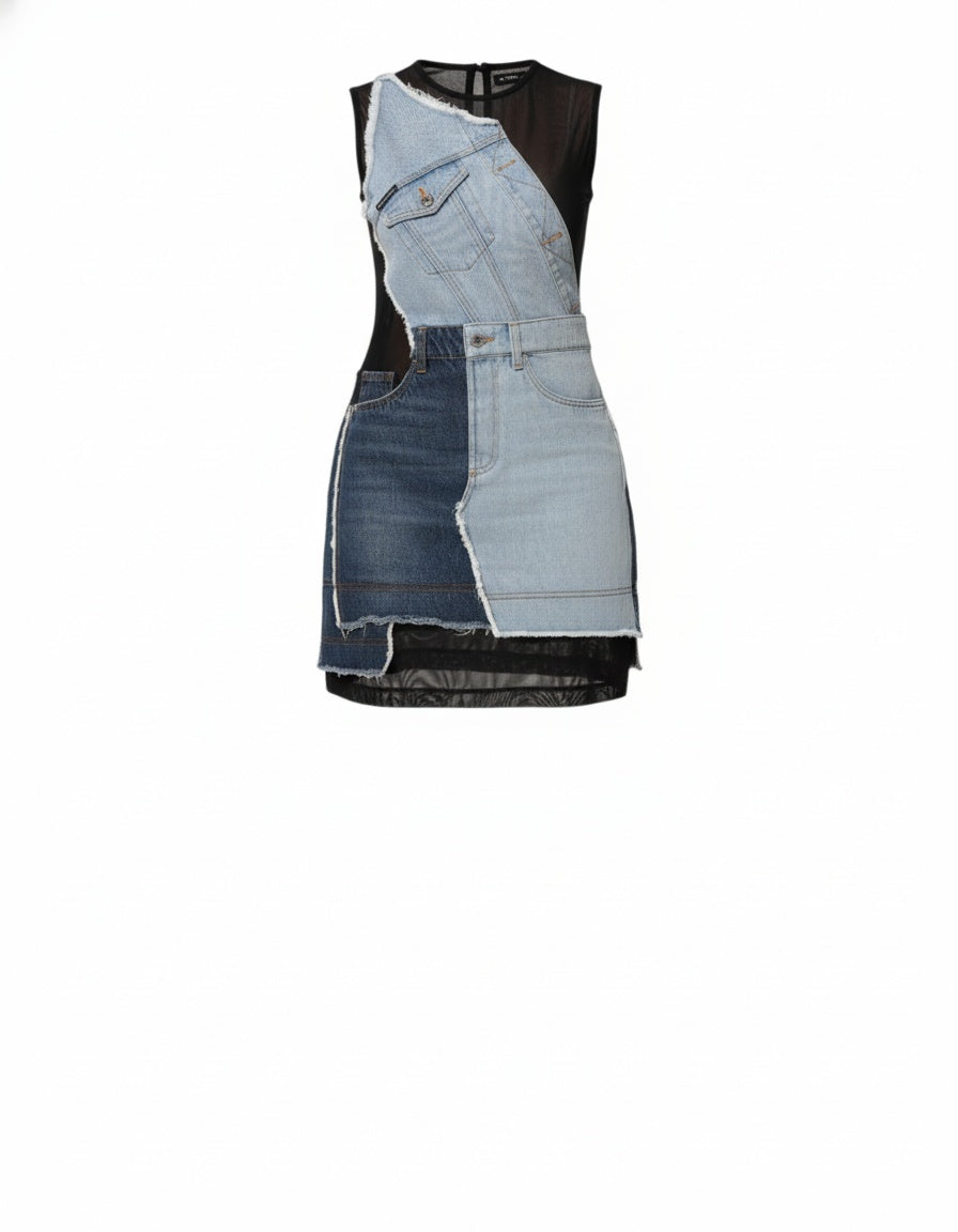 Dolce & Gabbana Blue Nylon Patchwork Denim Sheath Mini Dress