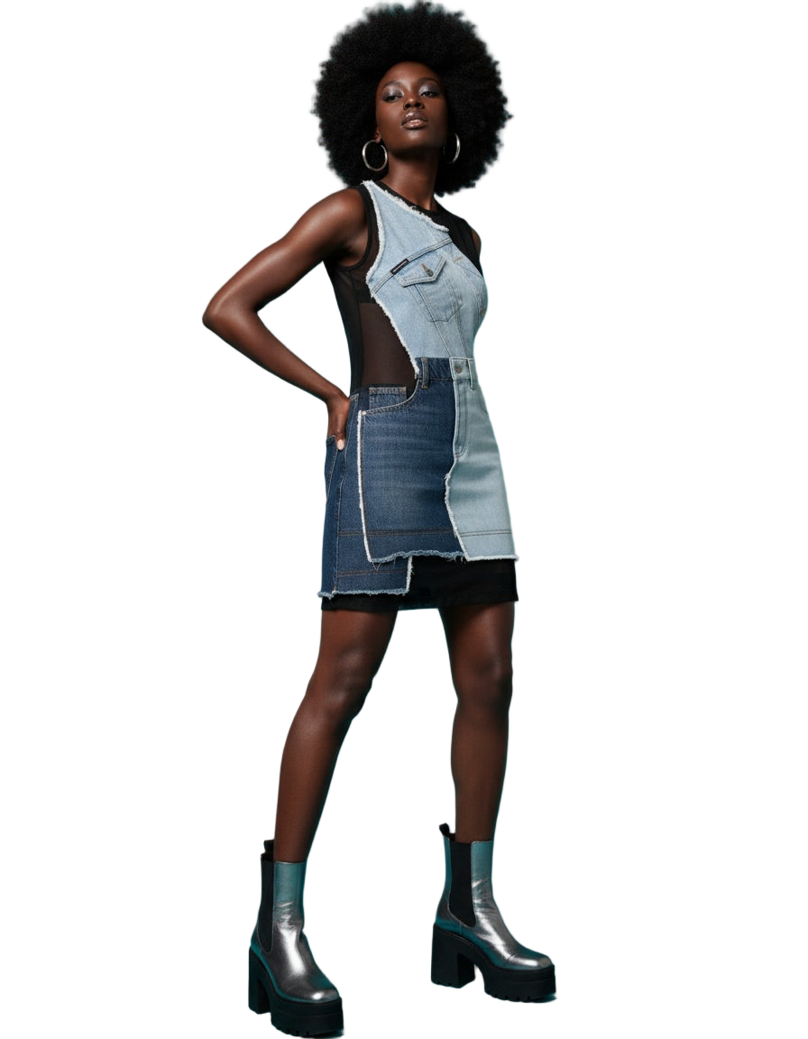 Dolce & Gabbana Blue Nylon Patchwork Denim Sheath Mini Dress