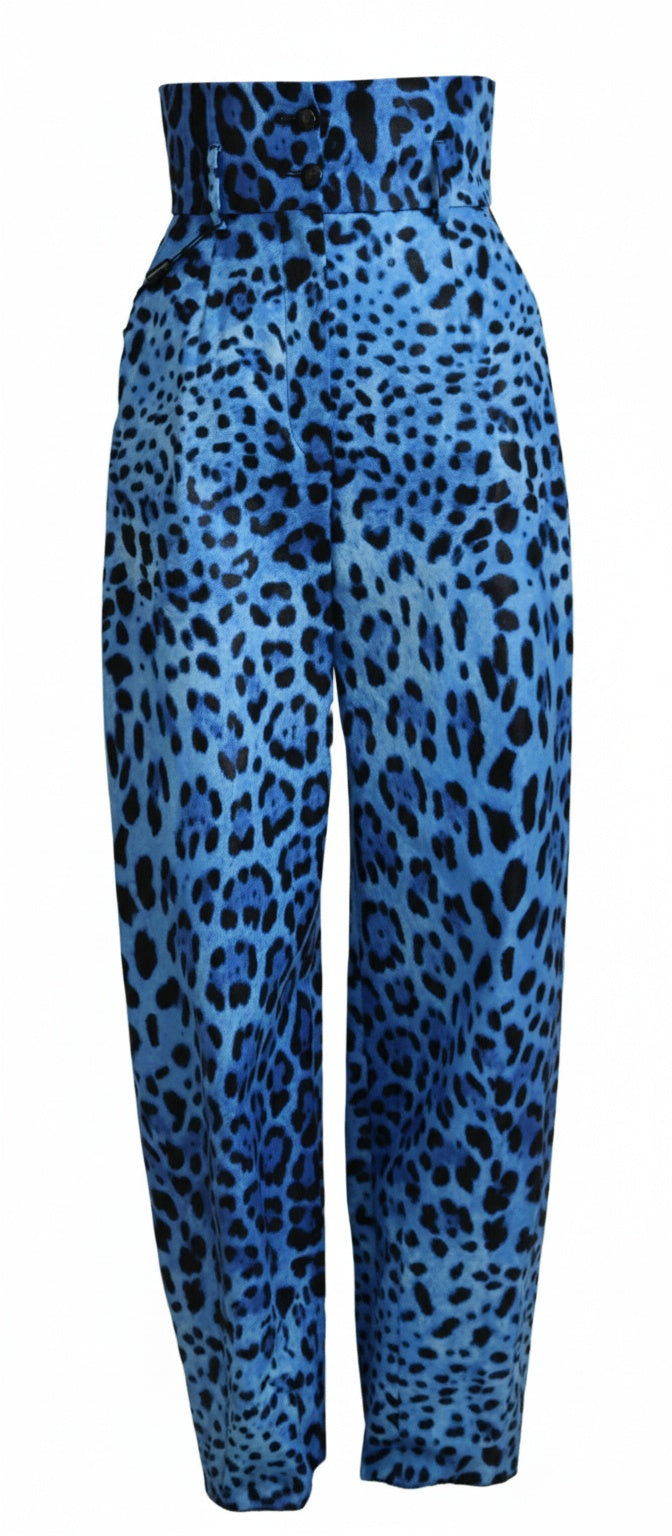 Dolce & Gabbana Blue Leopard Print High Waist Pants