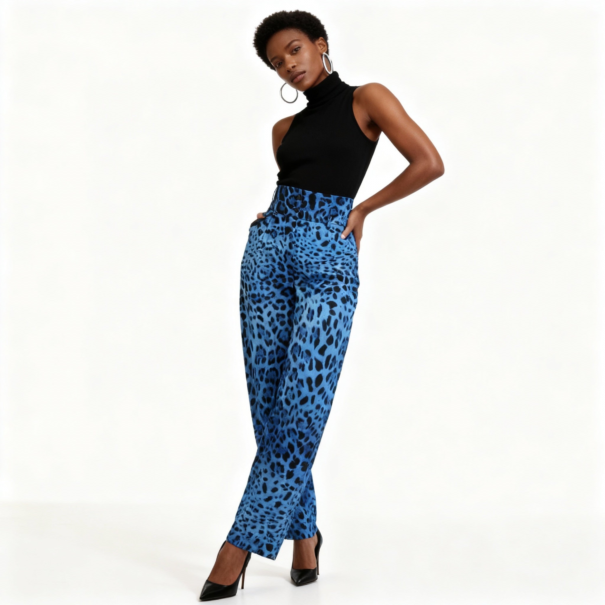 Dolce & Gabbana Blue Leopard Print High Waist Pants
