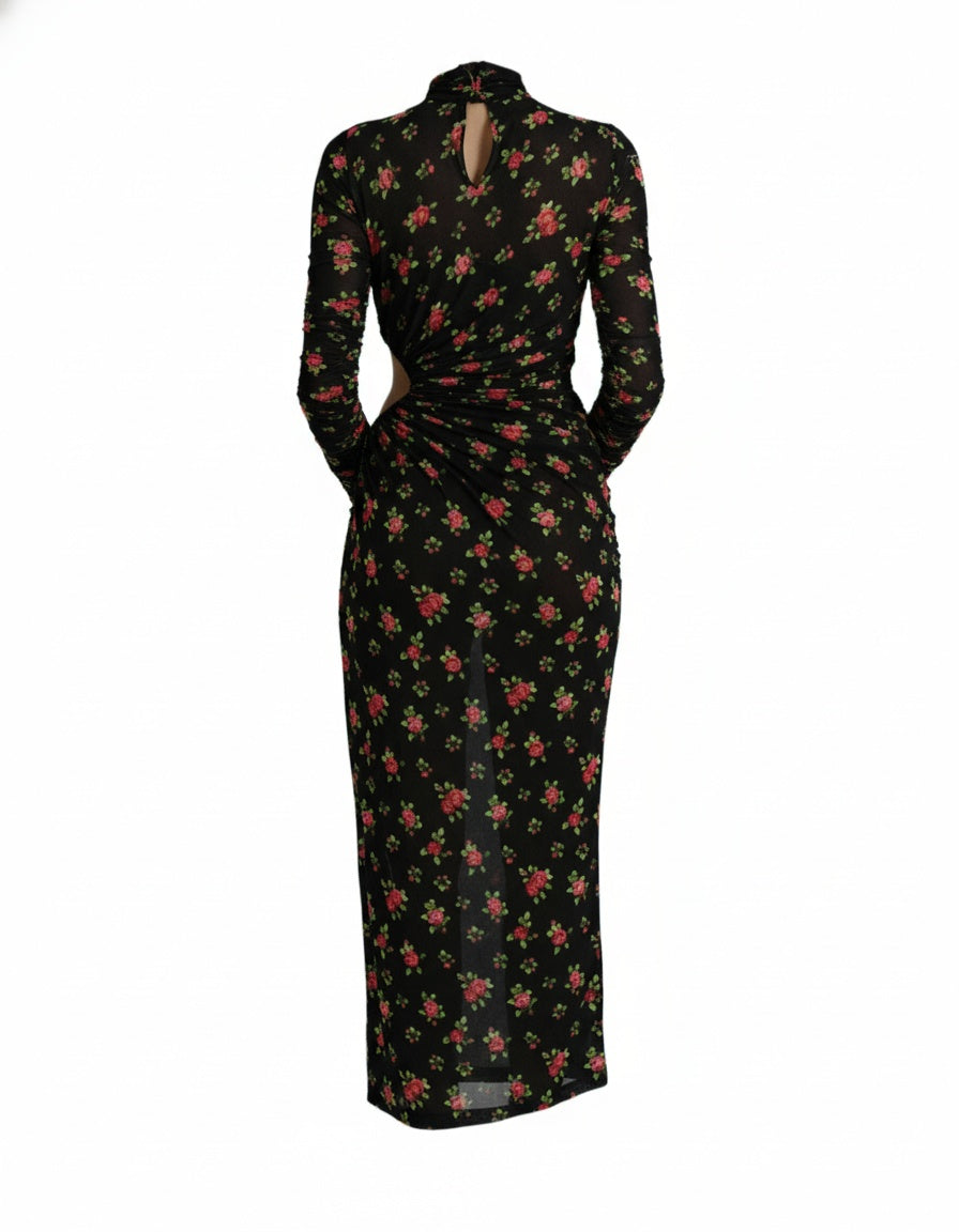 Dolce & Gabbana Black Floral Cut Out Sheath Long Maxi Dress
