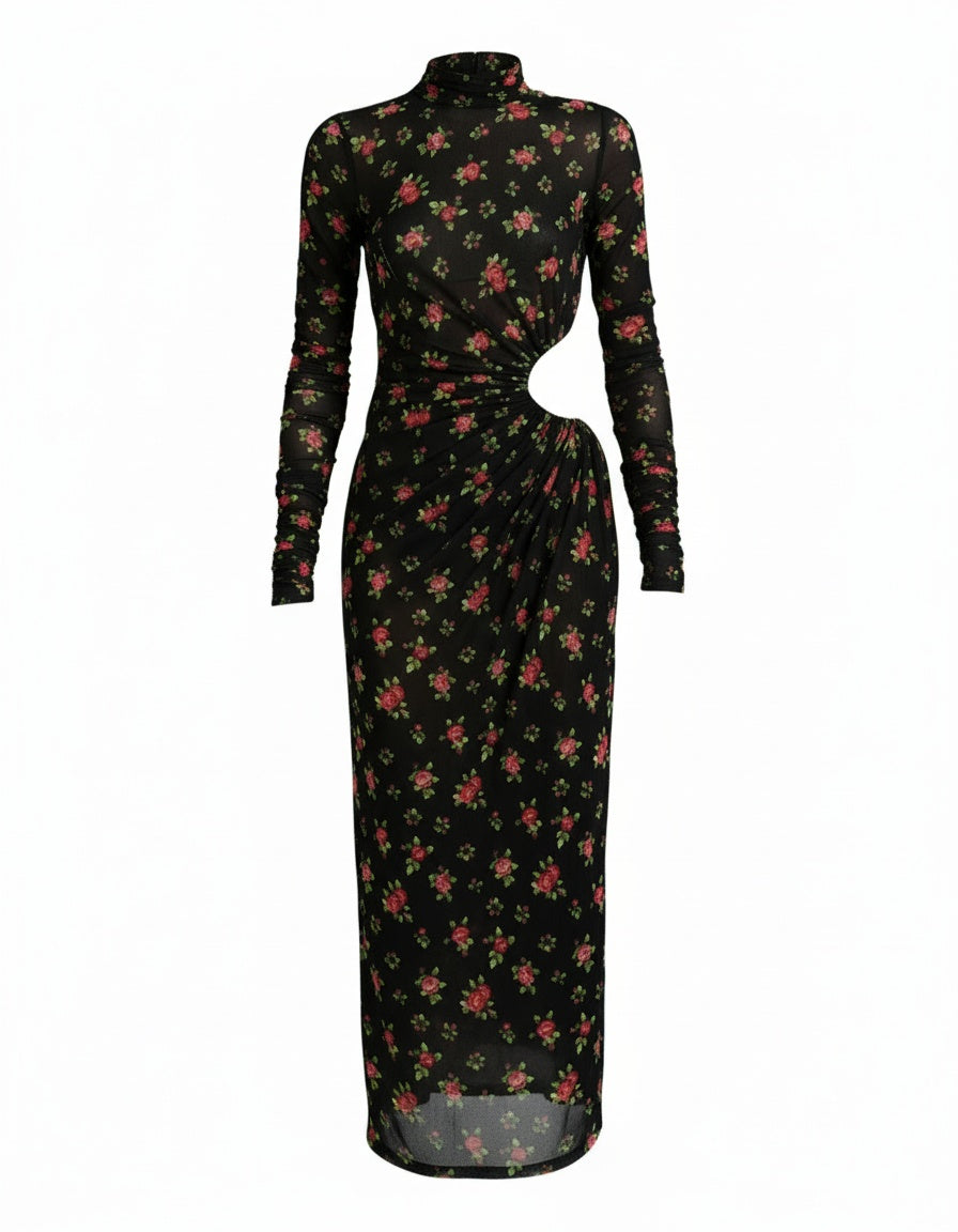 Dolce & Gabbana Black Floral Cut Out Sheath Long Maxi Dress