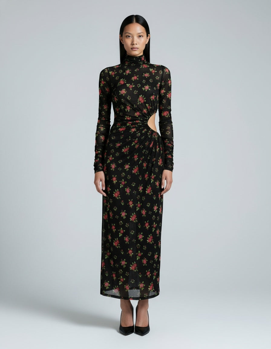 Dolce & Gabbana Black Floral Cut Out Sheath Long Maxi Dress