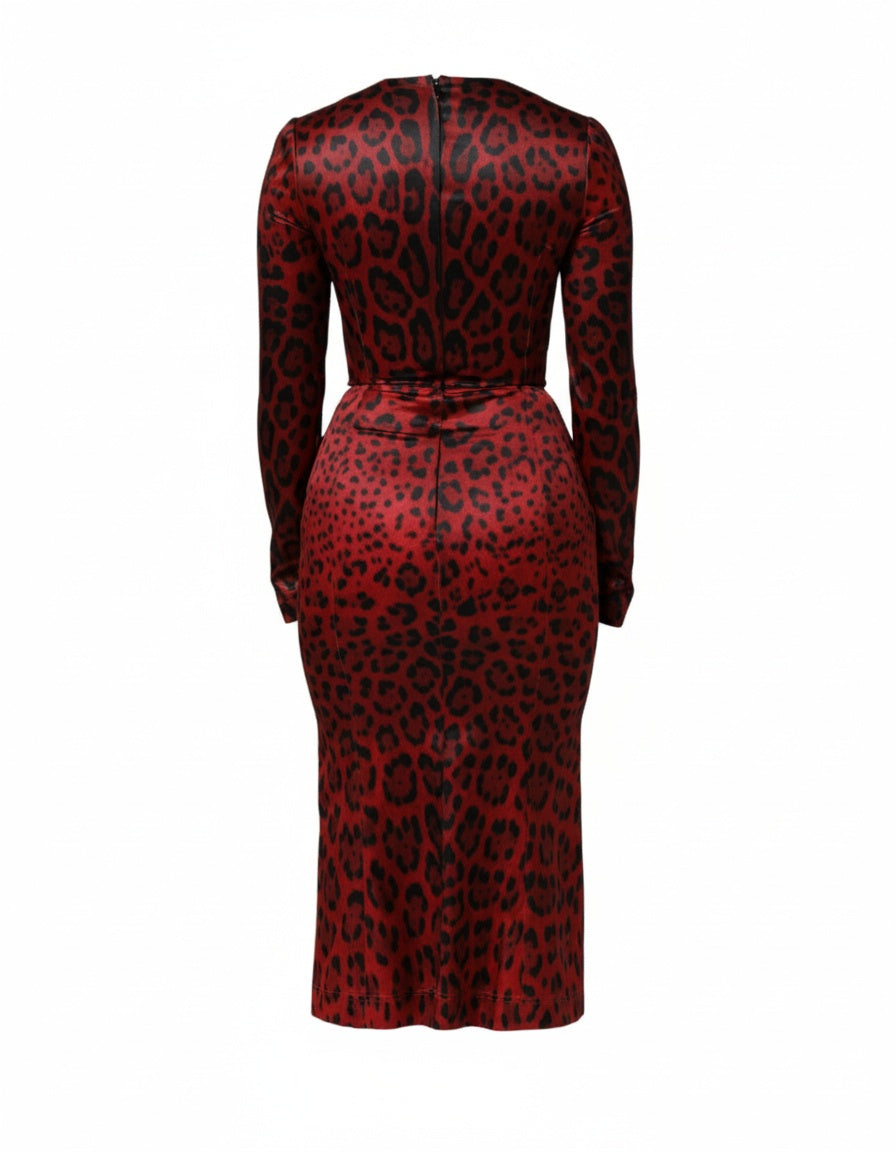 Dolce & Gabbana Red Leopard Sheath Long Sleeves Dress