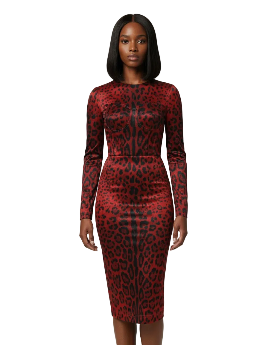 Dolce & Gabbana Red Leopard Sheath Long Sleeves Dress